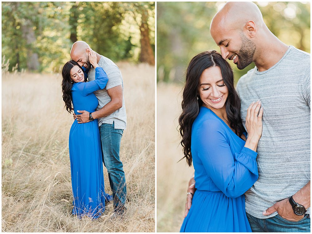  Romantic Discovery Park Seattle engagement photo in long blue lulus dress in the wild fields  | Julianna J Photography | juliannajphotography.com 