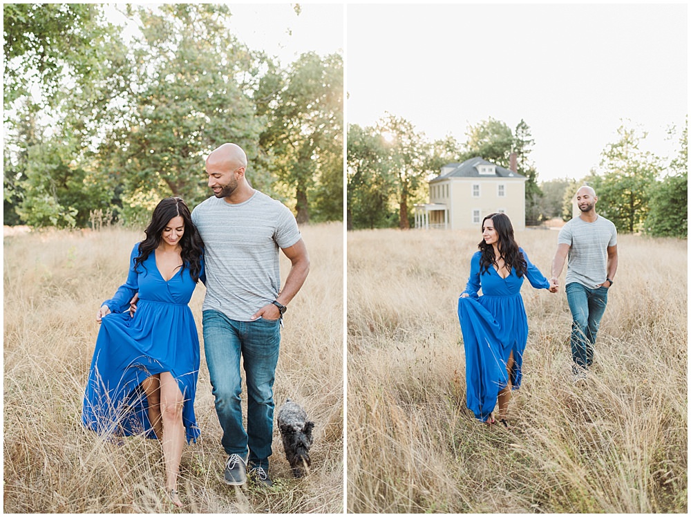  Romantic Discovery Park Seattle engagement photo in long blue lulus dress in the wild fields  | Julianna J Photography | juliannajphotography.com 